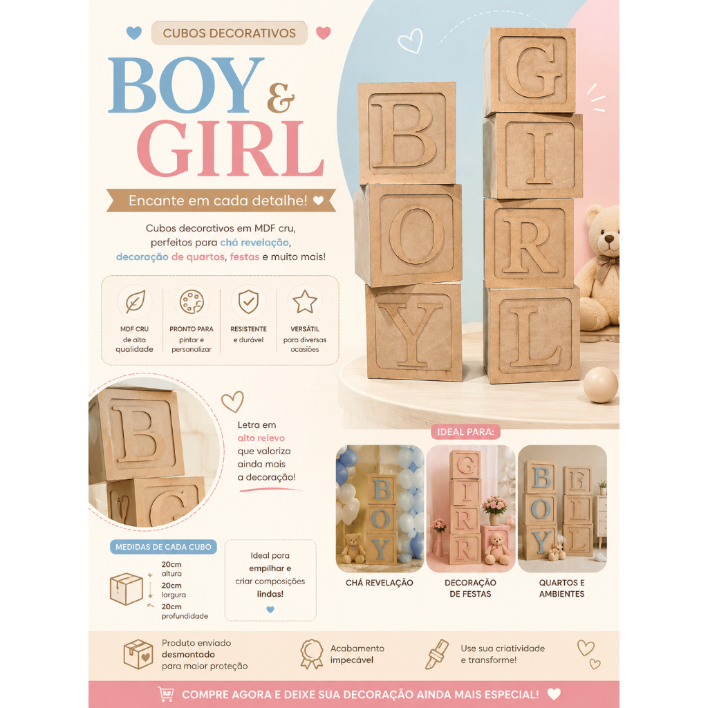 🧸 Cubos Decorativos girl ou boy em MDF– Decoração para Chá Revelação e Quarto Infantil