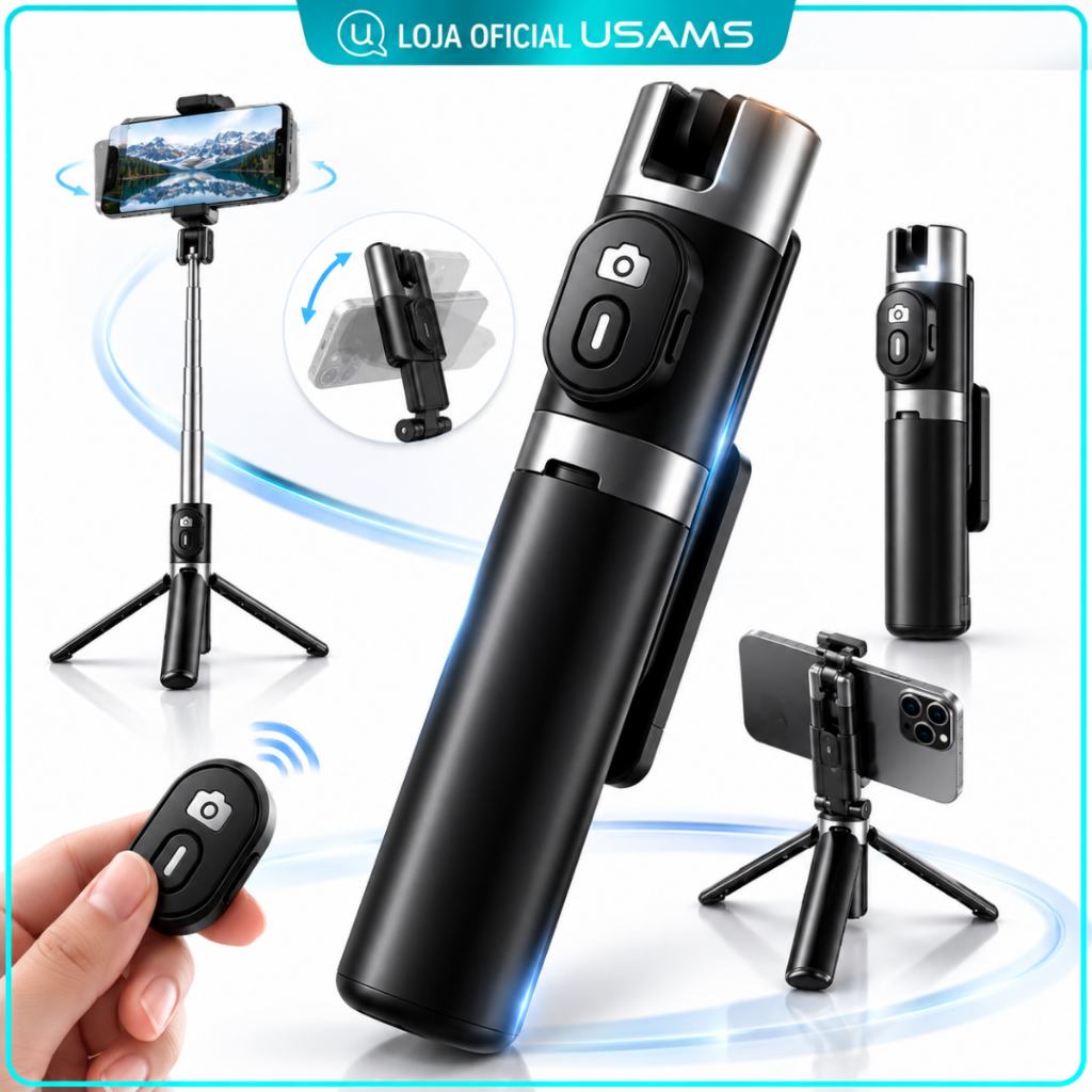 Bastão de Selfie USAMS Tripé Retrátil Bluetooth com Controle Remoto para Celular Fotos Vídeos e Lives