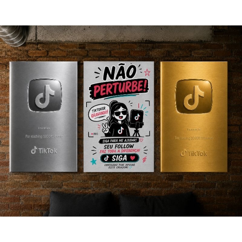Kit 3 Quadros TikToker 1000 follows e 10K follows MDF 20x28 Decorativo para Quart Estúdio | Acompanha Dupla Face Premium