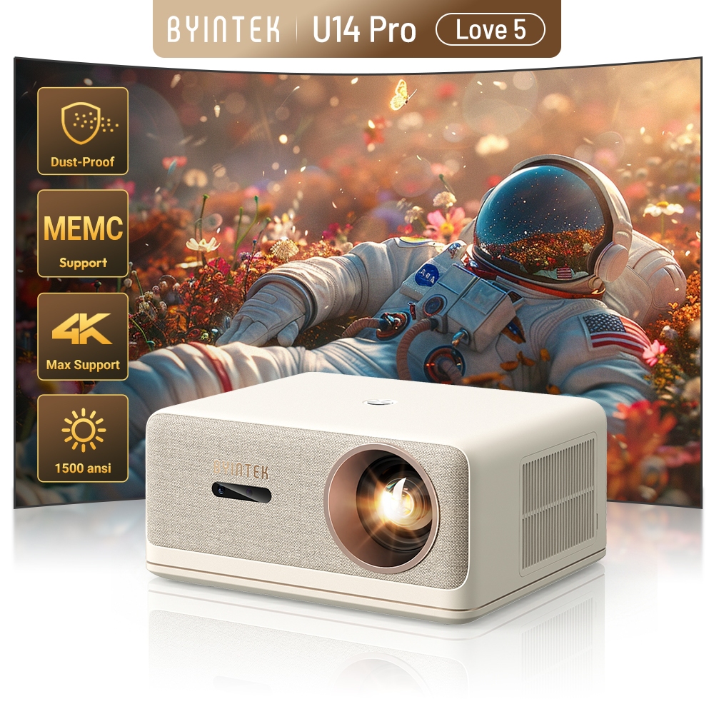Projetor BYINTEK U14 Pro Love 5 Full HD 1500 ANSI 4K Android Auto Foco HDR10 MEMC Wi-Fi Bluetooth
