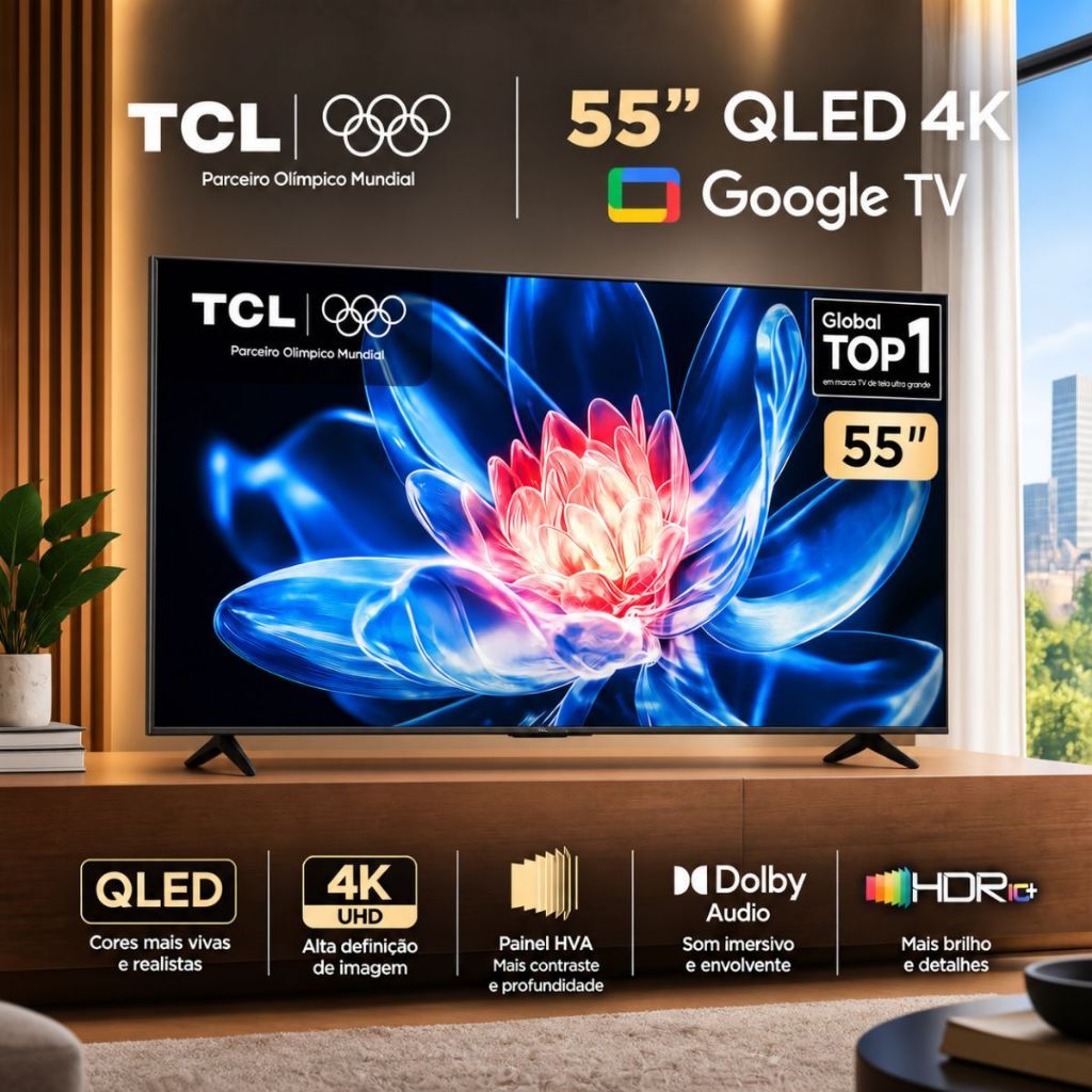 SmartTV TCL 55 Polegadas 4K UHD QLED 55T6C Google TV HVA HDR10+ Bluetooth Wi-Fi