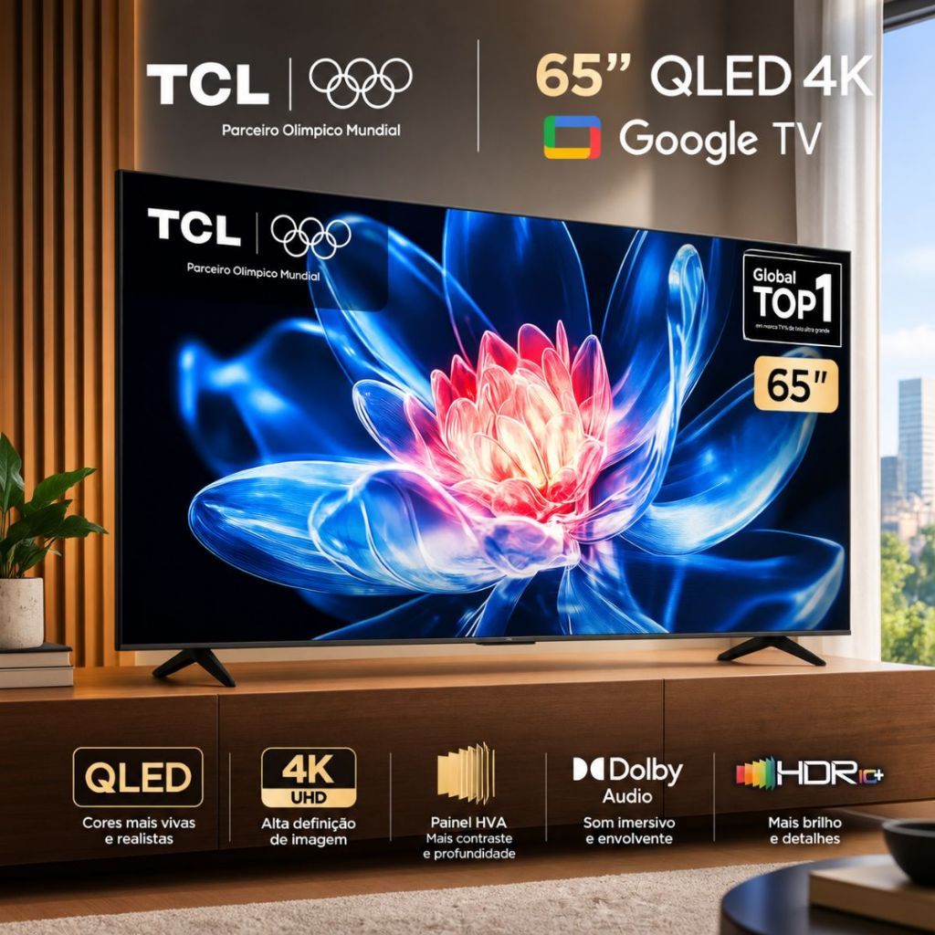 SmartTV TCL 65 Polegadas 4K UHD QLED 65T6C Google TV HVA HDR10+ Bluetooth Wi-Fi