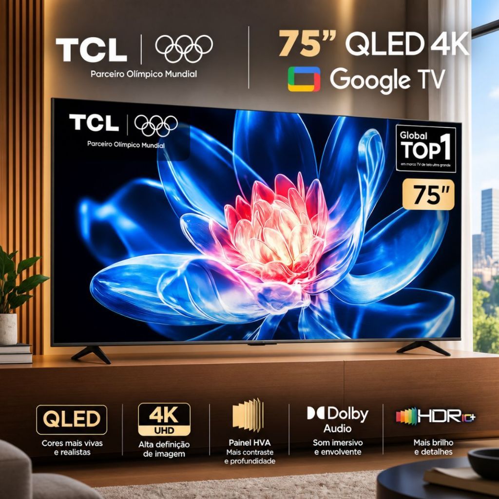 SmartTV TCL 75 Polegadas 4K UHD QLED 75T6C Google TV HVA HDR10+ Bluetooth Wi-Fi