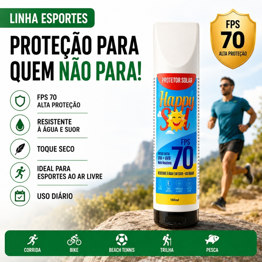 Protetor Solar 70 FPS 150 ml com toque seco Happy Sol Corporal Rosto Proteção UV Fator 70