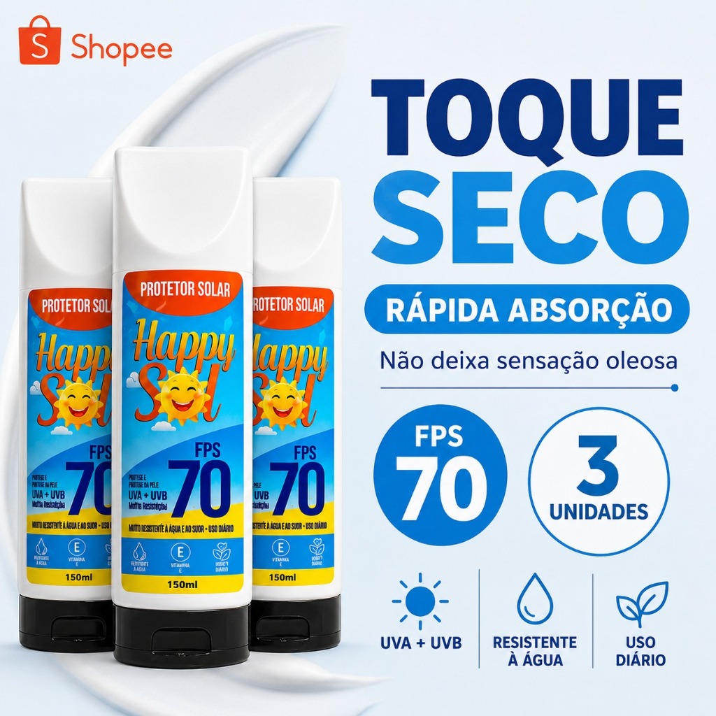 KIT 3 Antissinais, Protetor solar HAPPY SOL Fps 70, 150 ml com Toque seco, CORPO E ROSTO.