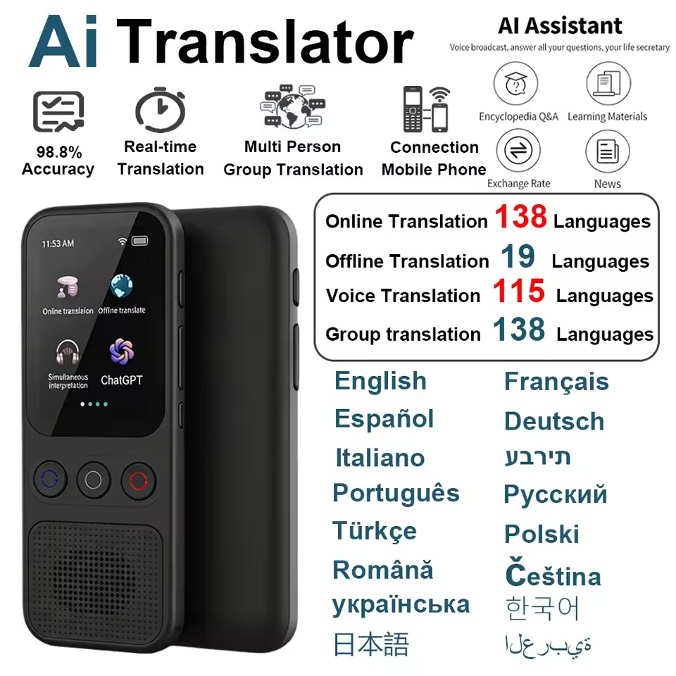 Dispositivo Tradutor De Idiomas Portátil 138 Gravação Em Tempo Real Tradução WIFI AI ChatGPT Máquina De