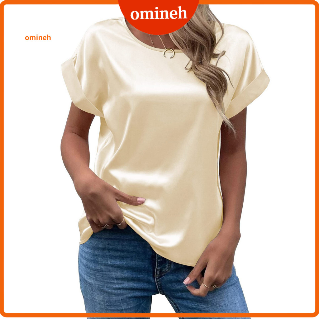 Women Satin Top Draped Blouse Women’s Casual Loose Short Sleeve Crew Neck Silky Shirt Summer Work Office Business Outf