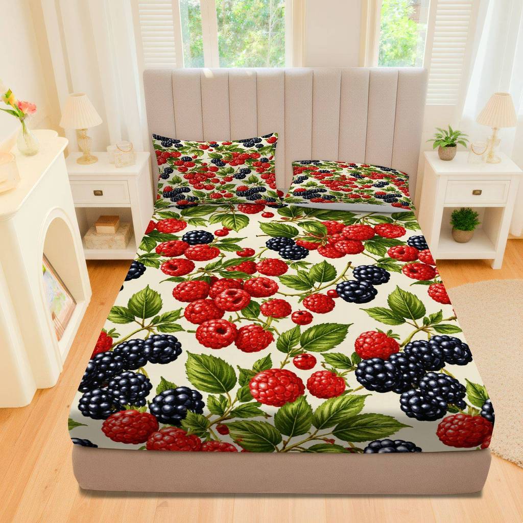 Conjunto De 3 Peças Lençol Berry Floral Nature (1 Justo + 2 Fronhas, Coreless), Tema De Verão