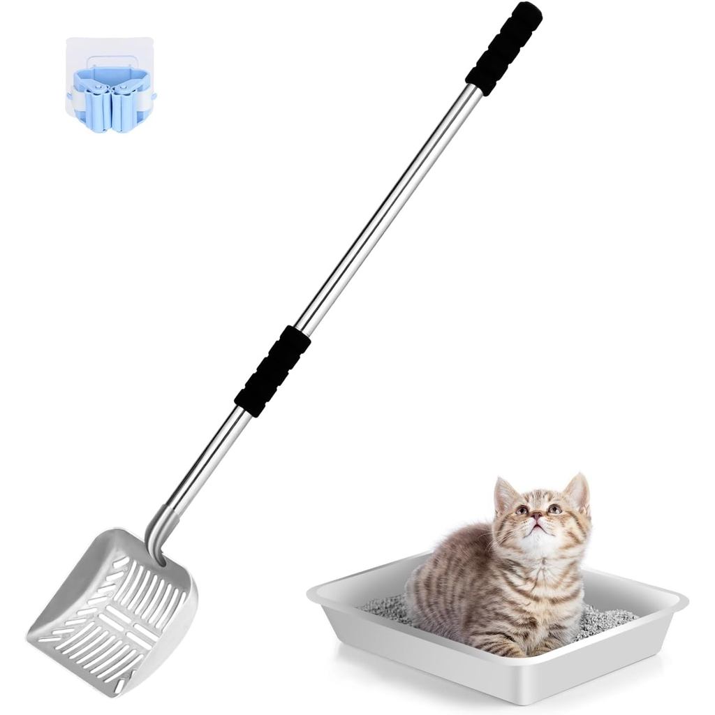 Cat Litter Spoon Metal Removable Stainless Steel Long Handle Cat Litter Screen Non-Stick Coated with Adjustable Handle a