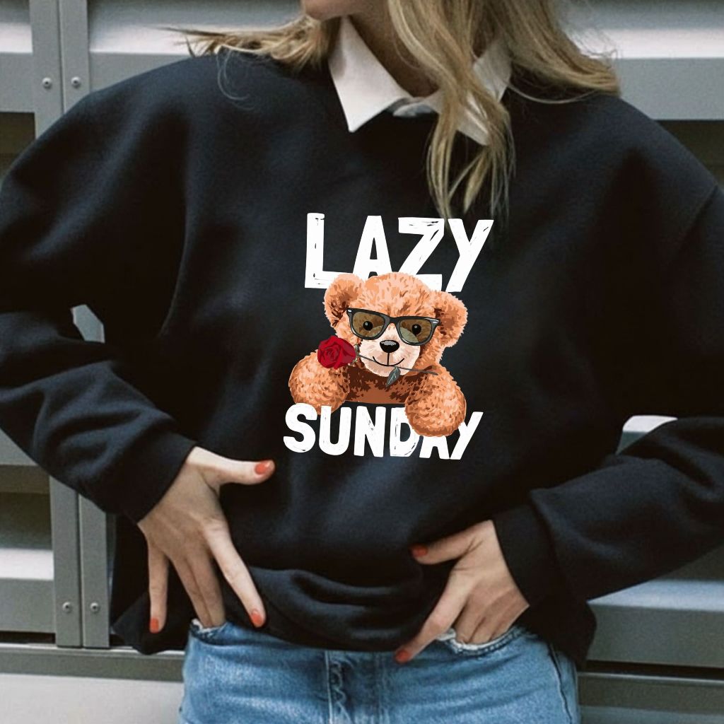Blusa de Frio Moletom Feminino Sem Gola Careca Preto Blogueira Estampado Urso Lazy Sunday