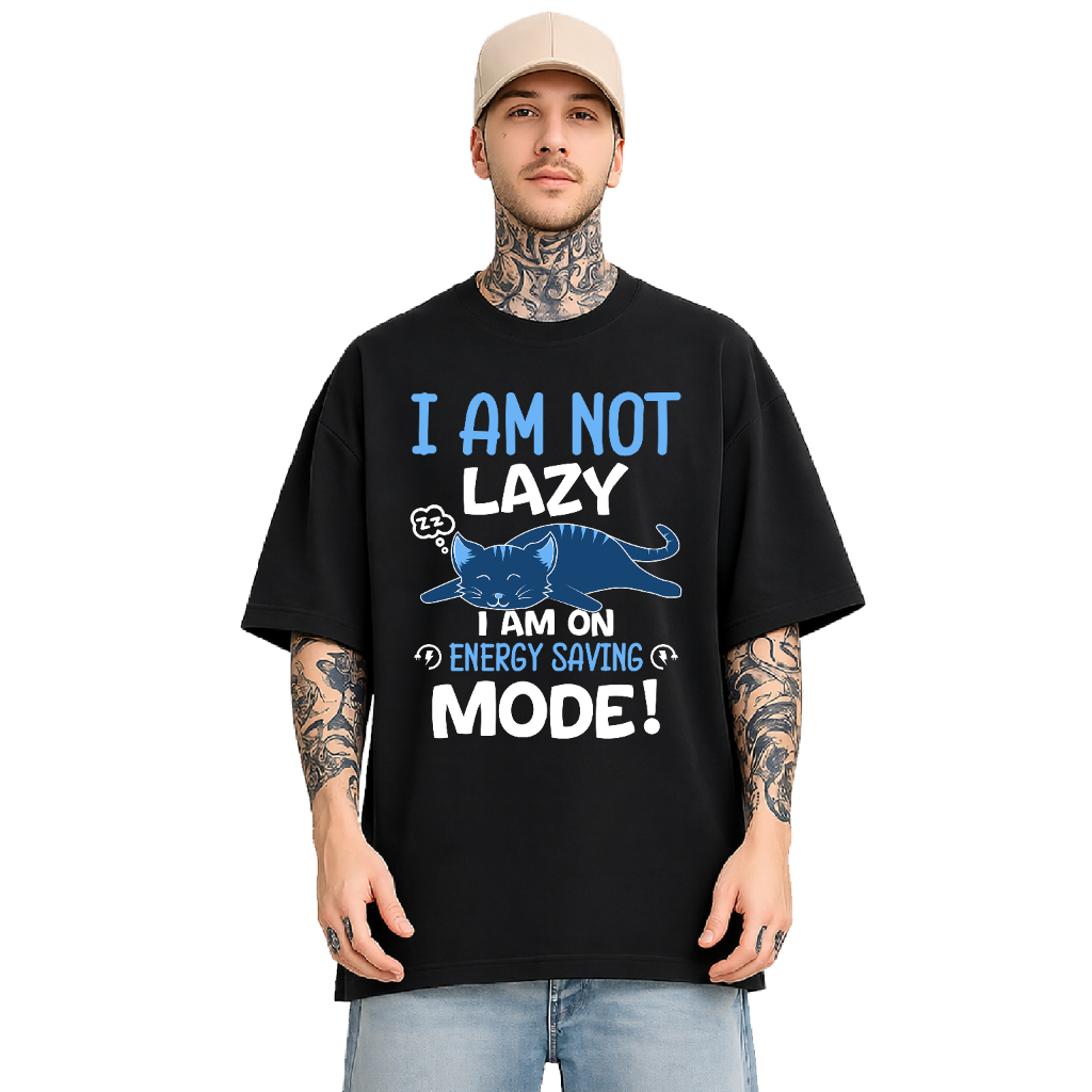 Camiseta Oversized 46- Unissex Gato Dormindo I Am Not Lazy Energy Saving Mode