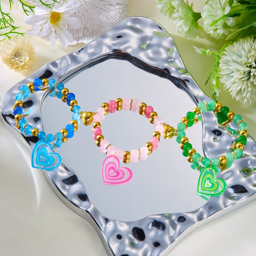 Conjunto de 3 Peças: Pulseiras Artesanais com Contas em Forma de Coração das Powerpuff Girls, Pulseira Magnética para