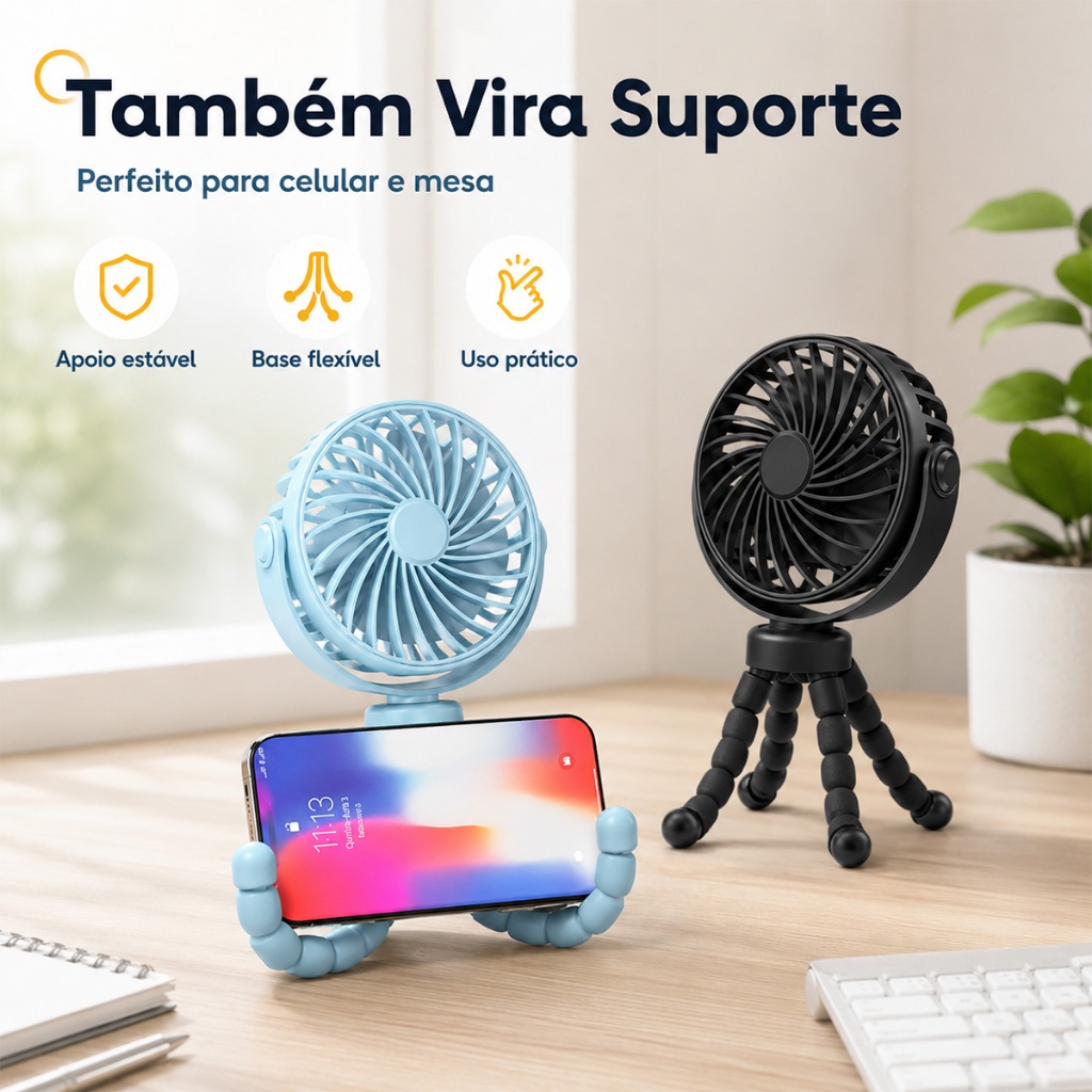 Mini Ventilador Com Clipe USB , Mesa E Carrinho 2 Em 1 , Ajustável 3 Velocidades , Ultra Silencioso , 360 ° Rotação