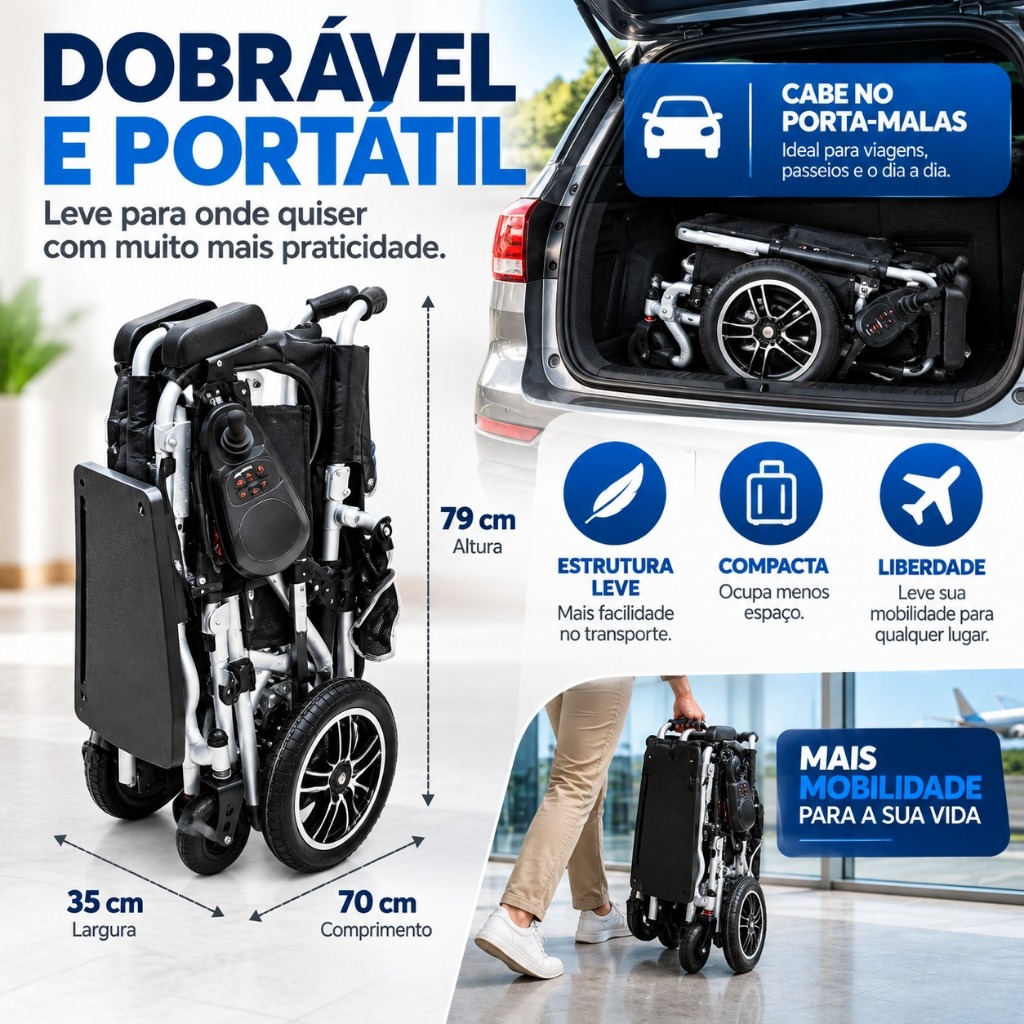 Cadeira de Rodas Motorizada Elétrica Dobrável com Mesa de Alimentação 2 Motores 250W Suporta até 100kg