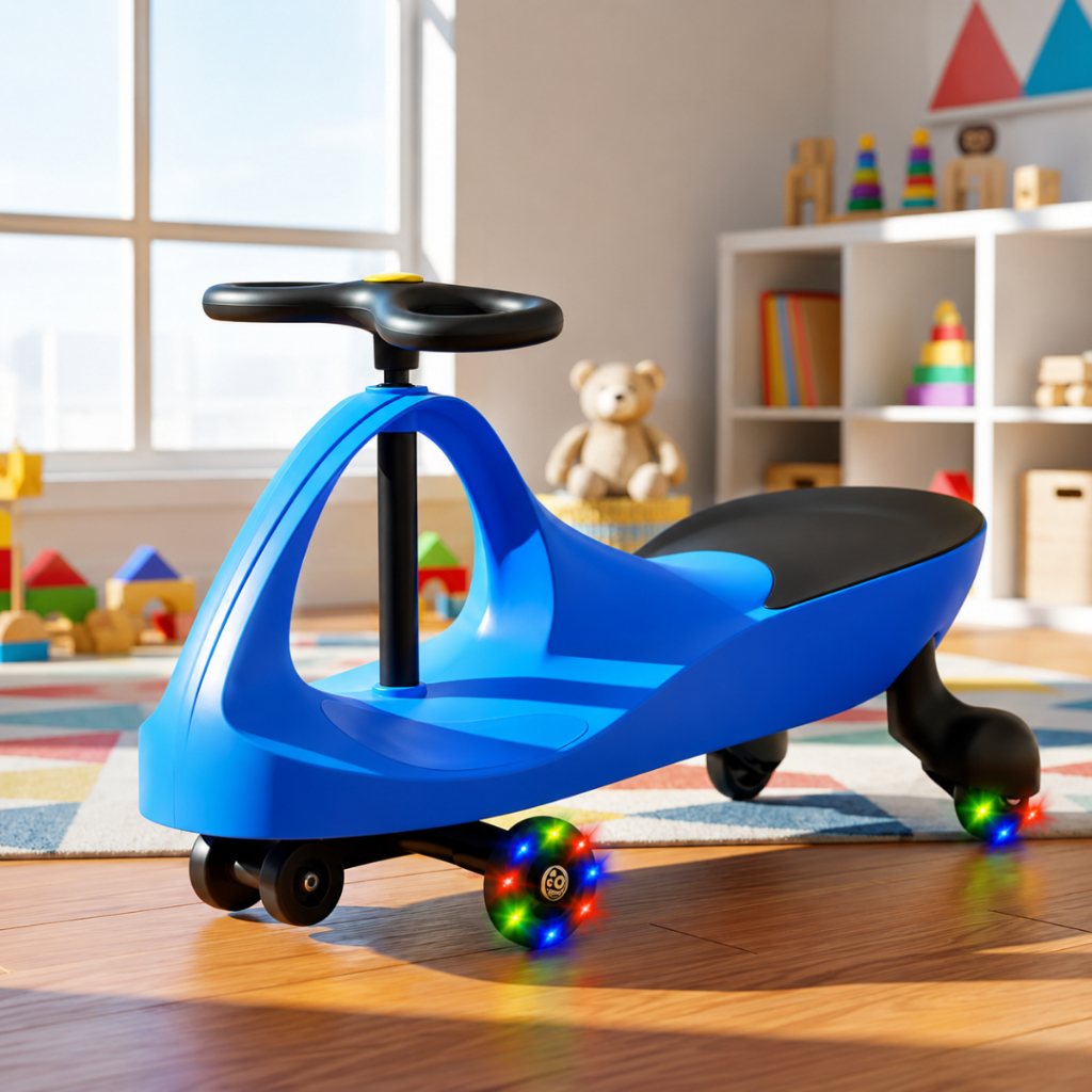 Carrinho Ginga Infantil com Rodinhas Led Movimento Manual Suporta Até 100Kg Cordenação Motora