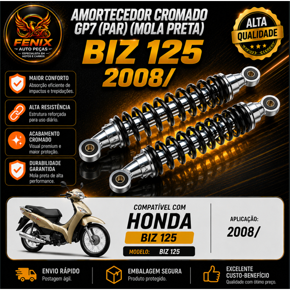 Amortecedor Cromado GP7 Par Mola Preta Honda Biz 125 2008/ Traseiro