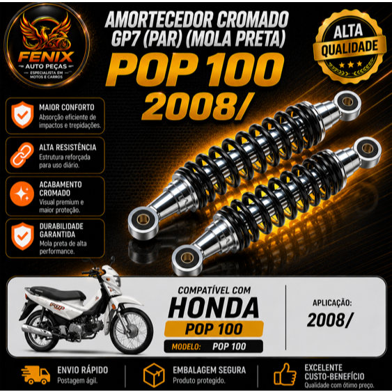 Amortecedor Cromado GP7 Par Mola Preta Honda Pop 100 2008/ Traseiro