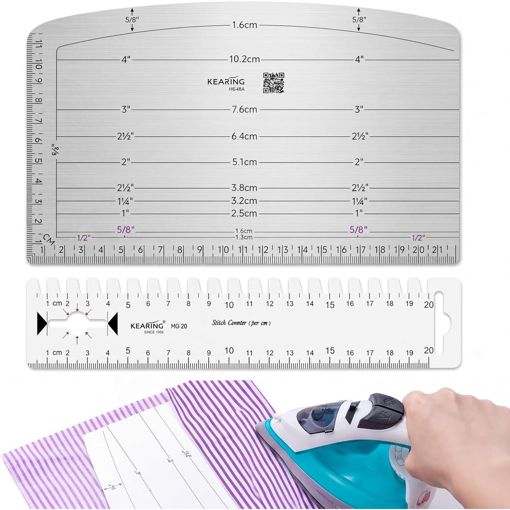Sabary 2 Pack Hot Hem Ruler for Sewing, 8 Inch Arc Aluminum Ironing Ruler & 7.8 Inch PVC Seam Gauge, Dual Scale Heat Res