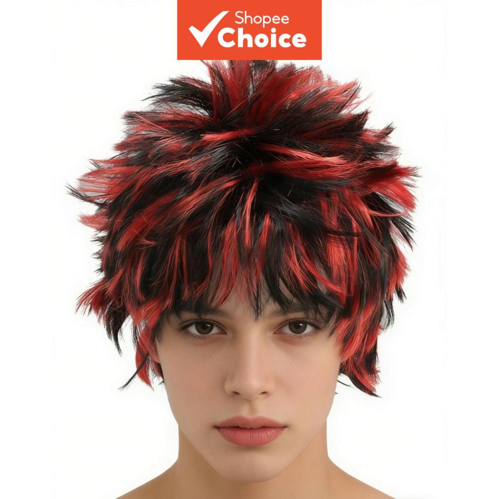 Peruca Espetada Vermelha Preta Masculina , Cabelo Sintético Bagunçado Em Camadas Curtas Para Anime Cosplay Festa De Hall