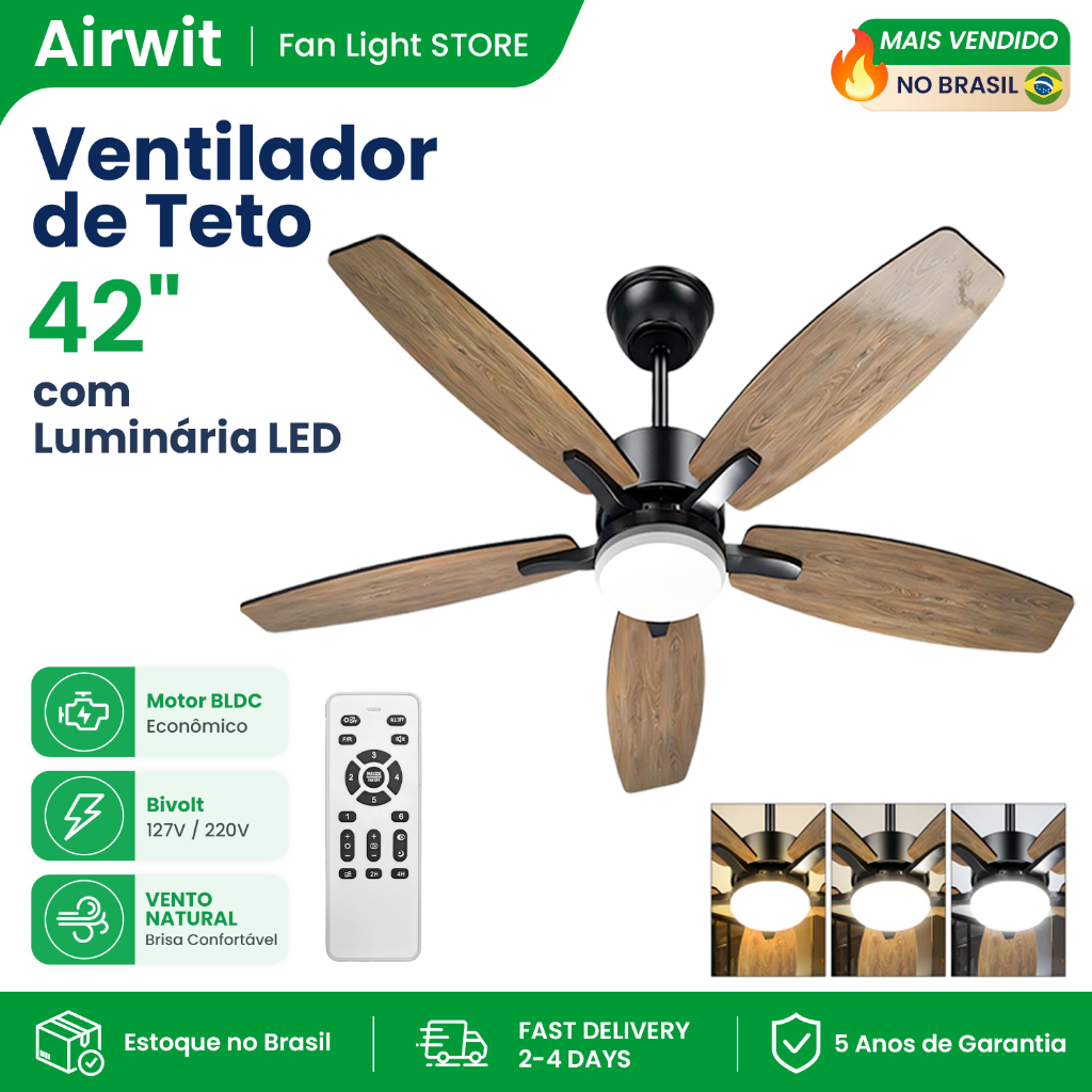 🔥Airwit 42 Inch 5 Pás Ventilador De Teto Com Luminária LED Bivolt Controle Remoto 6 Velocidades Hall Ventilado