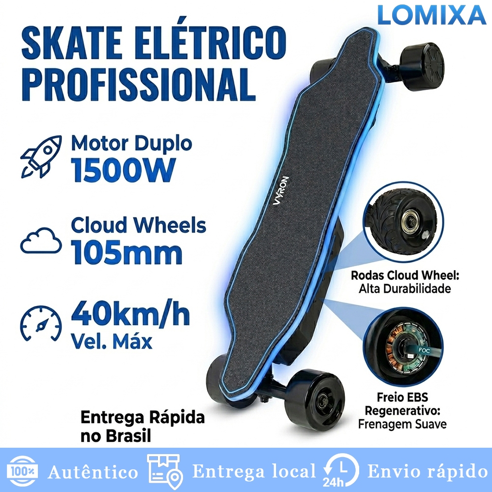 VYRON Skate Elétrico Dual Motor 1500W 40km/h Rodas Cloud Wheel 105mm Autonomia 35km Deck LED RGB Profissional