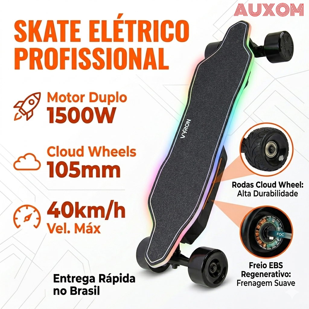 Skate Elétrico Dual Motor 1500W 40km/h Autonomia 35km Deck LED RGB Profissional