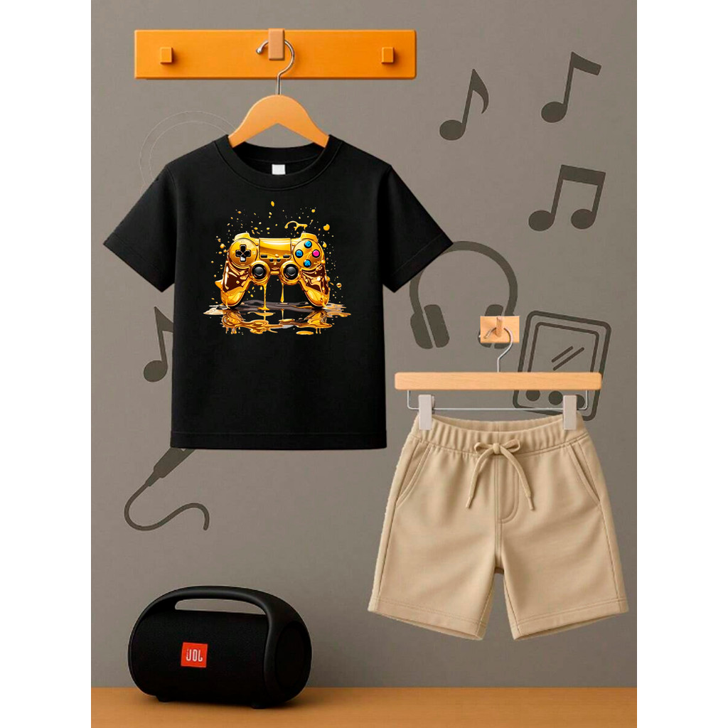 Conjunto Infantil Camiseta + Short Safari CONTROL OURO Moda Teen Kids Bolso Lateral