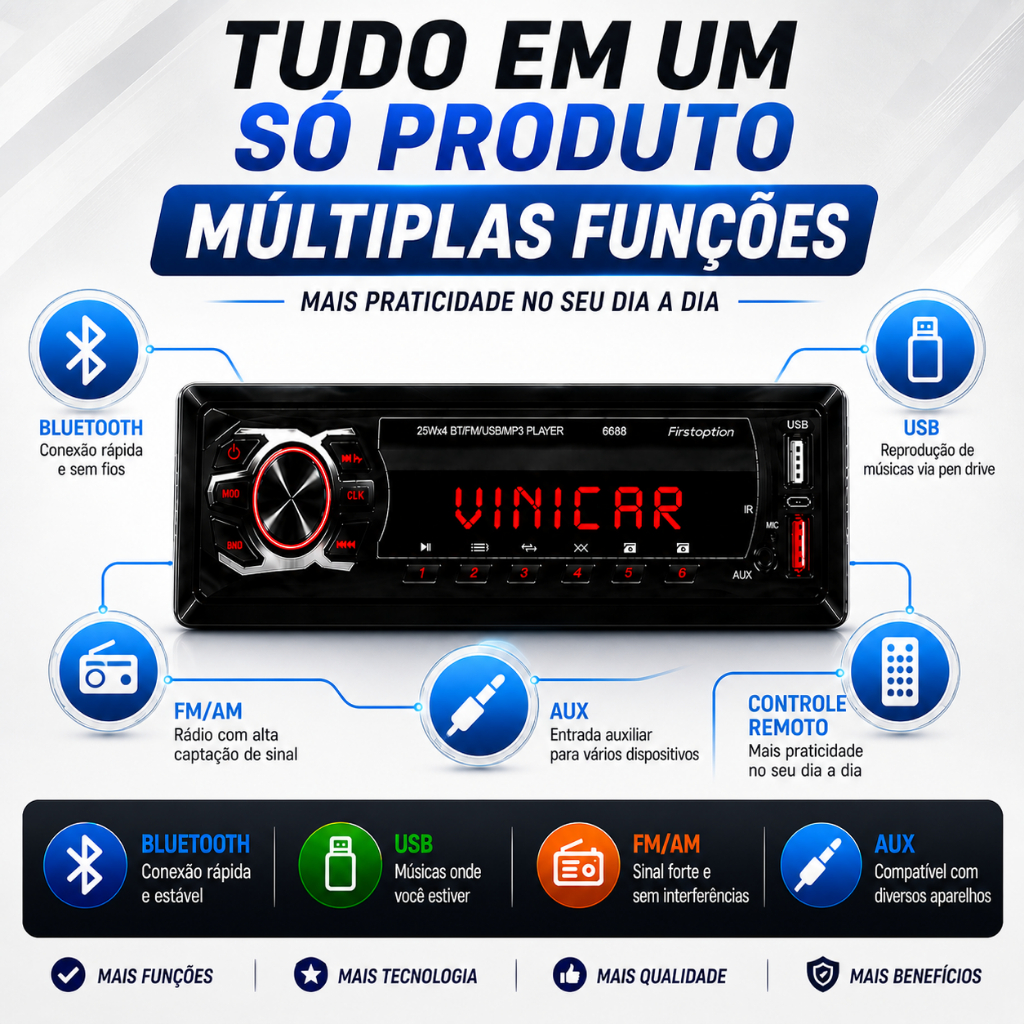 Rádio Automotivo Mp3 First Option 6688bn Bt Usb Pen Drive Sd