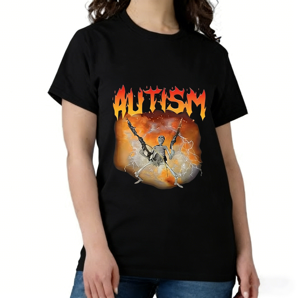 Camiseta Unissex Oversized Plus Size Feminina Masculina Camisa Homem Autism Estampa Skeleton, Armas, Fogo, Raios, Cor La