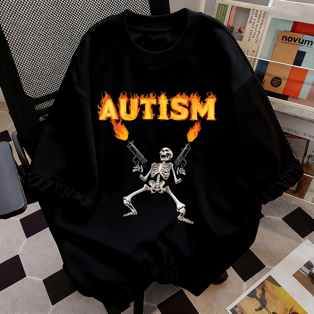 Camiseta Masculina Estampa Autism Caveira com Armas T-shirt Unissex Streetwear Novo