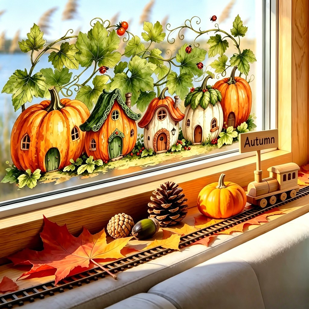 1PC cura conto de fadas abóbora casa estática janela adesivos Halloween outono Maple Leaf estilo Pastoral janela decoraç