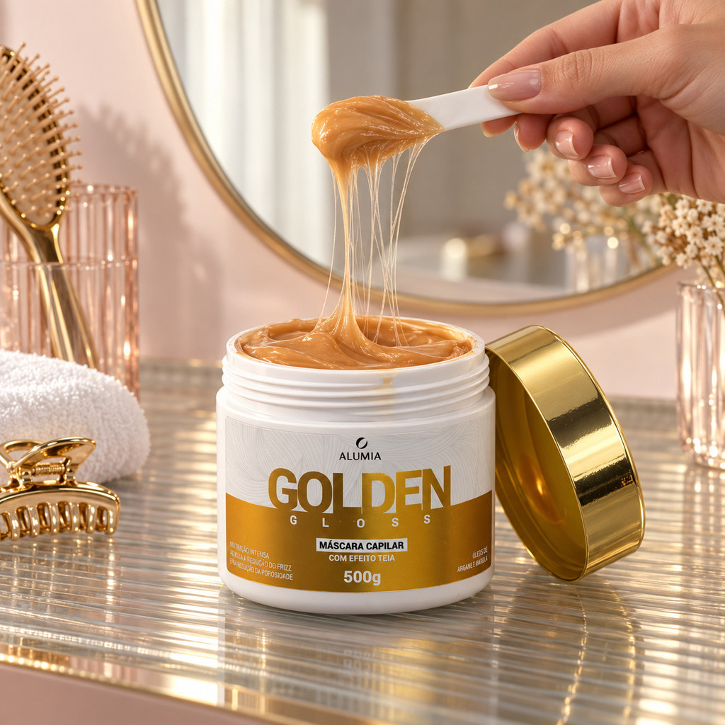 Máscara Anti Frizz e Porosidade Golden Gloss Alumia 500g Nutrição Argan Marula Efeito Teia