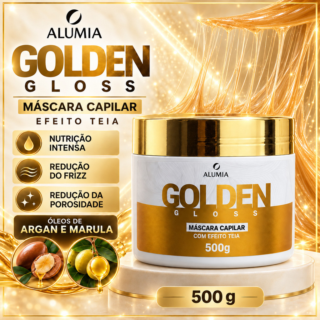 Máscara Argan e Marula Golden Gloss Alumia 500g Nutrição Capilar Brilho Maciez e Antifrizz