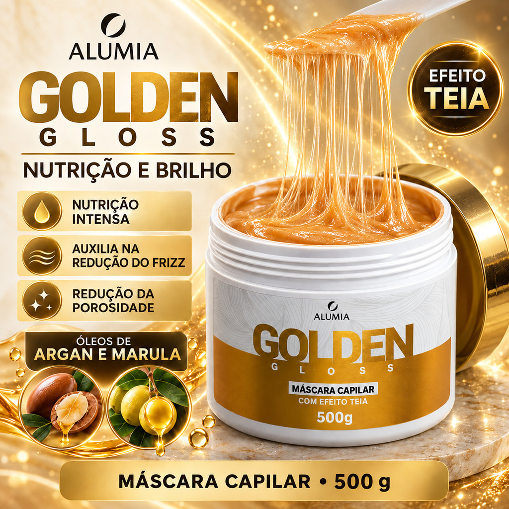 Máscara Capilar Golden Gloss 500g Alumia Hidratação Nutrição Efeito Teia Brilho Intenso