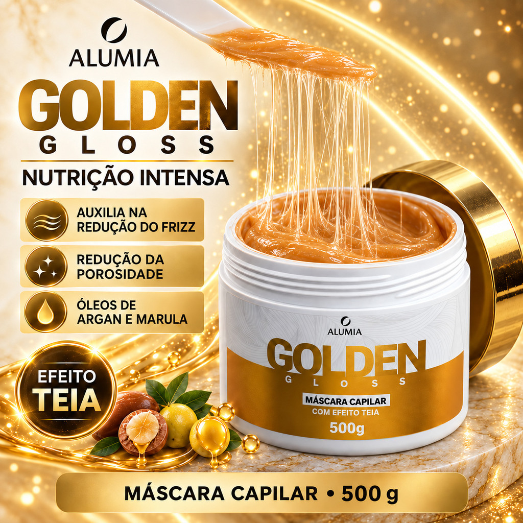 Máscara para Cabelos Opacos Golden Gloss Alumia 500g Brilho Intenso Nutrição Argan e Marula