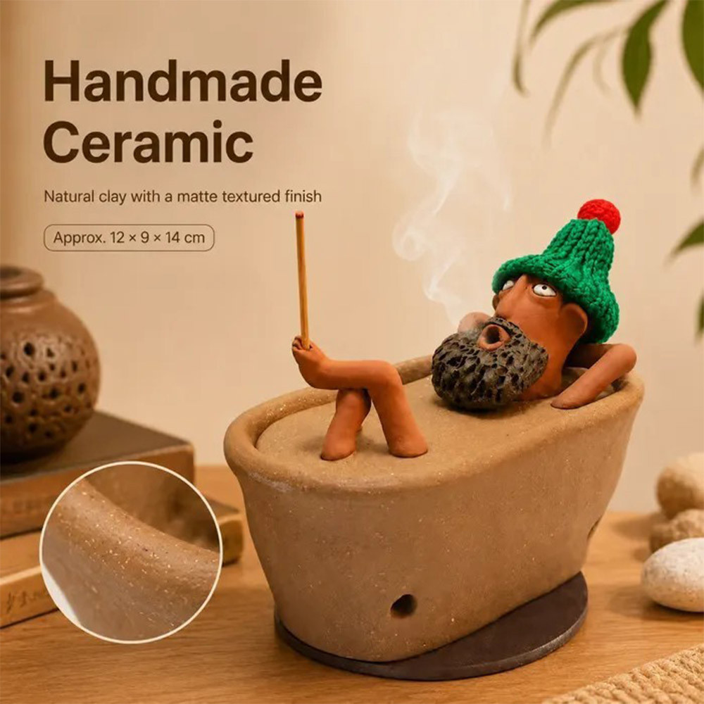 Lazy Bath Man Incense Burner, Handmade Clay Piece, Bathtub Style, Knitted Hat, Desktop Holder For Stick Incense