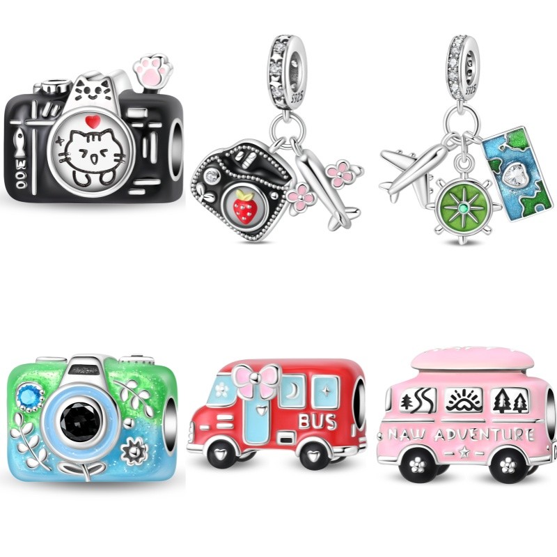 Pulseira charme S925 prata mapa de viagem charme vermelho ônibus grânulo câmera adequado para pulseira DIY