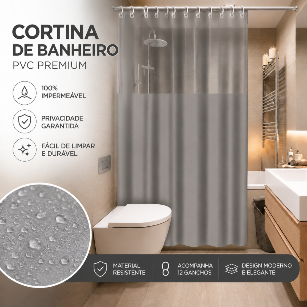 Cortina Box Banheiro 140cm X 193cm em PVC Com/Sem Visor Anti Mofo Impermeável Fácil de Limpar