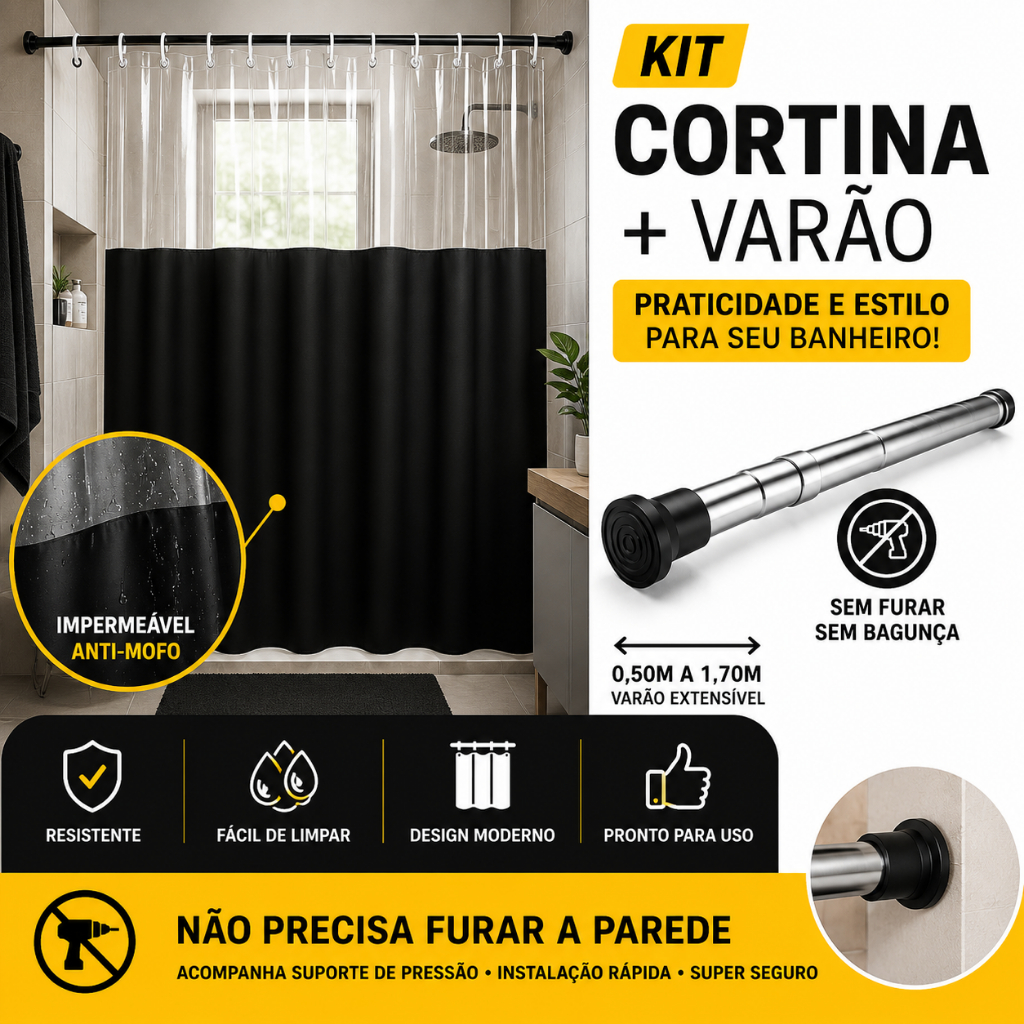 Cortina Box Banheiro PVC 140cm X 193cm Visor Transparente Anti Mofo Impermeável Fácil de Limpar + Suporte Sem Furo