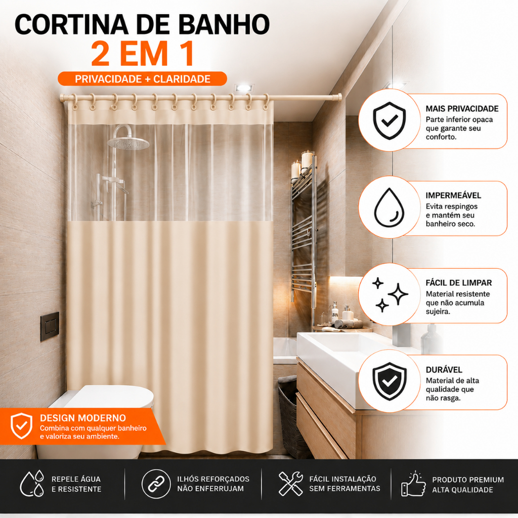 Cortina Box Banheiro 140cm X 193cm PVC Com/Sem Visor Transparente Anti Mofo Impermeável Fácil de Limpar