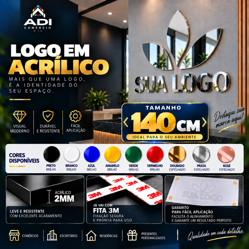 Logo em acrílico 140cm de largura personalizado, espelhado, dourado, rose, prata, preto, azul, verde, vermelho, amarelo