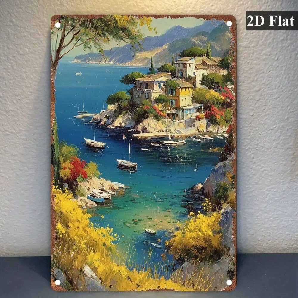 CIFbuy 1pc Retro Mediterrâneo Costeira Metal Arte Da Parede Turquesa Mar Ilha Grega Casa Aquarela Sinal 2D Placa Decorat