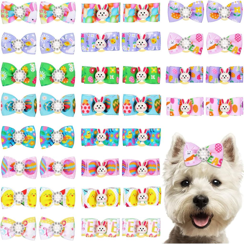Waydress 40 Pieces Easter Dog Bows Rabbit Bunny Egg Hair Bowknot Pet Easter Bows with Rubber Bands Puppy Easter Rhinesto