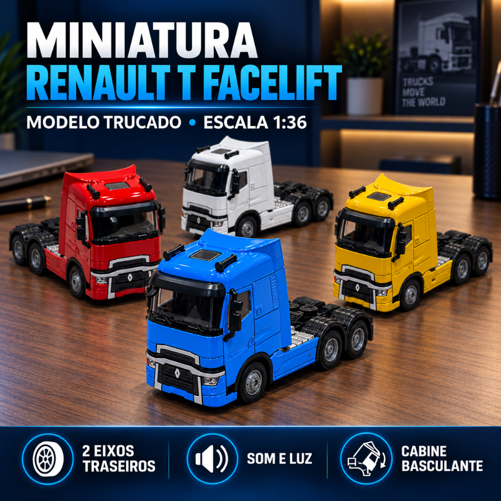 Miniatura Caminhão Renault T Facelift Trucado 1/36 Coleção Com Som e Luz Cabine Basculante Carrinho de Ferro