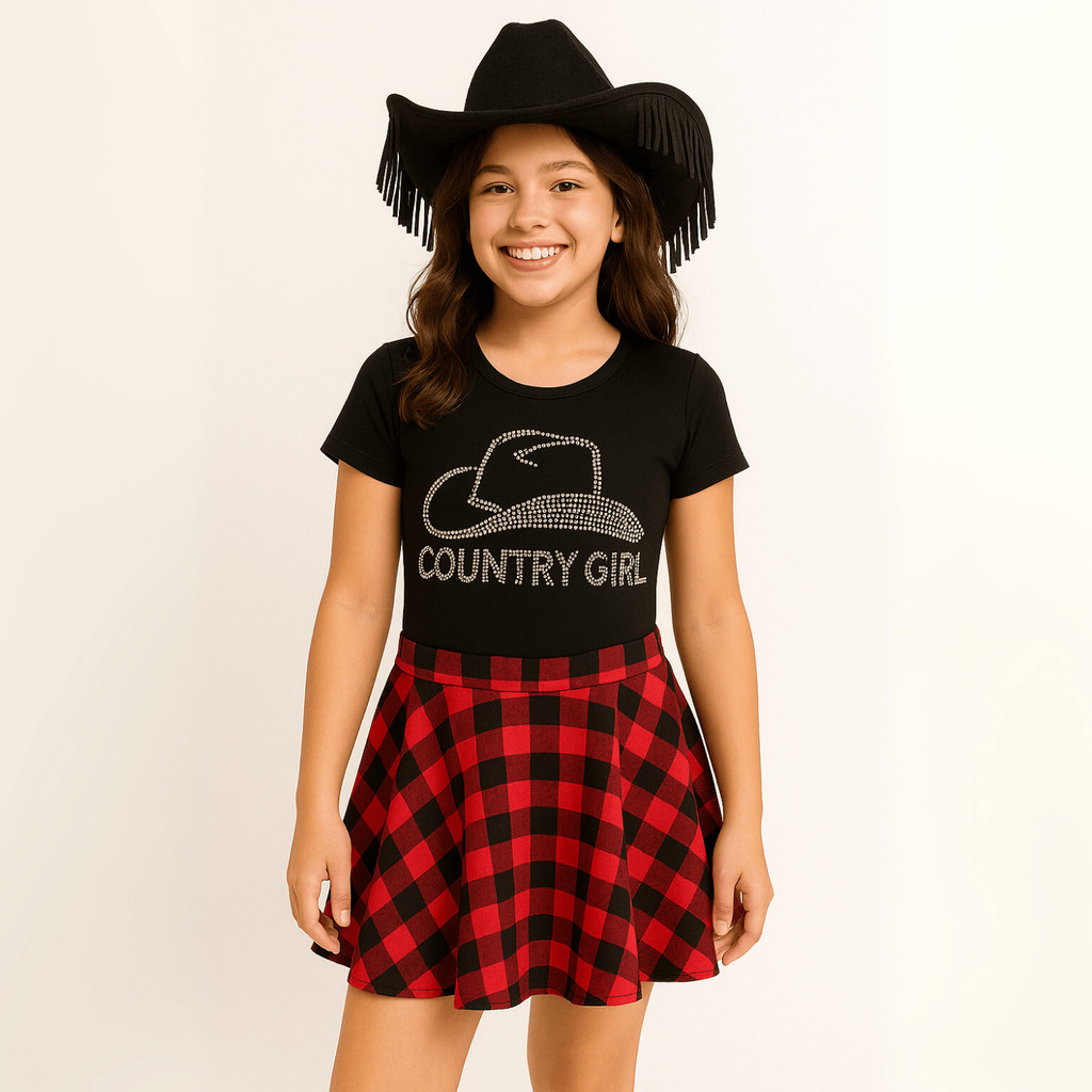 Body Infantil Preto Strass Country Girl Suplex Grosso 320g – Confortável, Manga Curta Tam. 4 ao 16