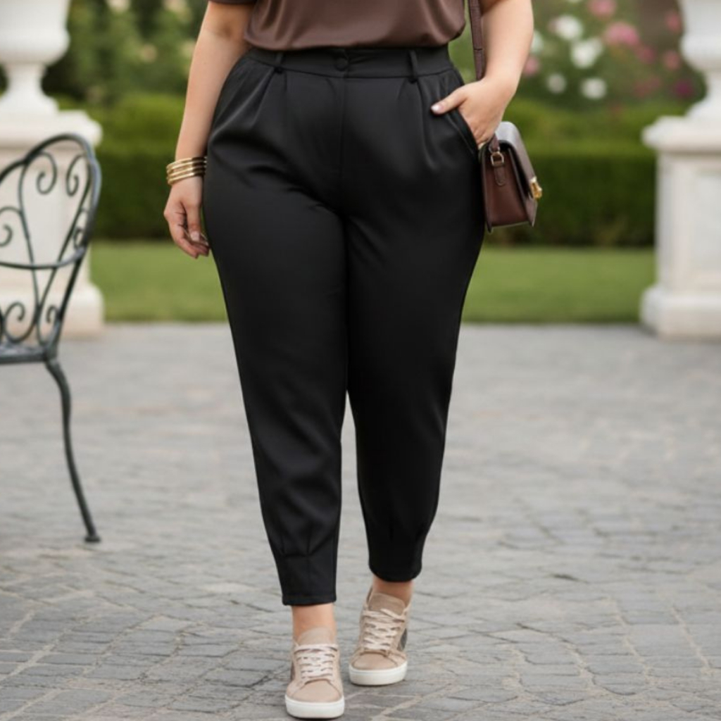 Calça Feminina Plus Size Alfaiataria Com Zíper Na Barra E Bolsos Modelo Cenoura Casual Cintura Alta