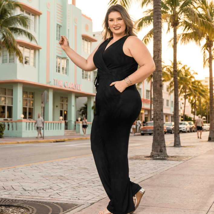 Macacão Feminino Plus Size Sem Manga Alças Largas Ajuste na Cintura e Bolsos G1 ao G3