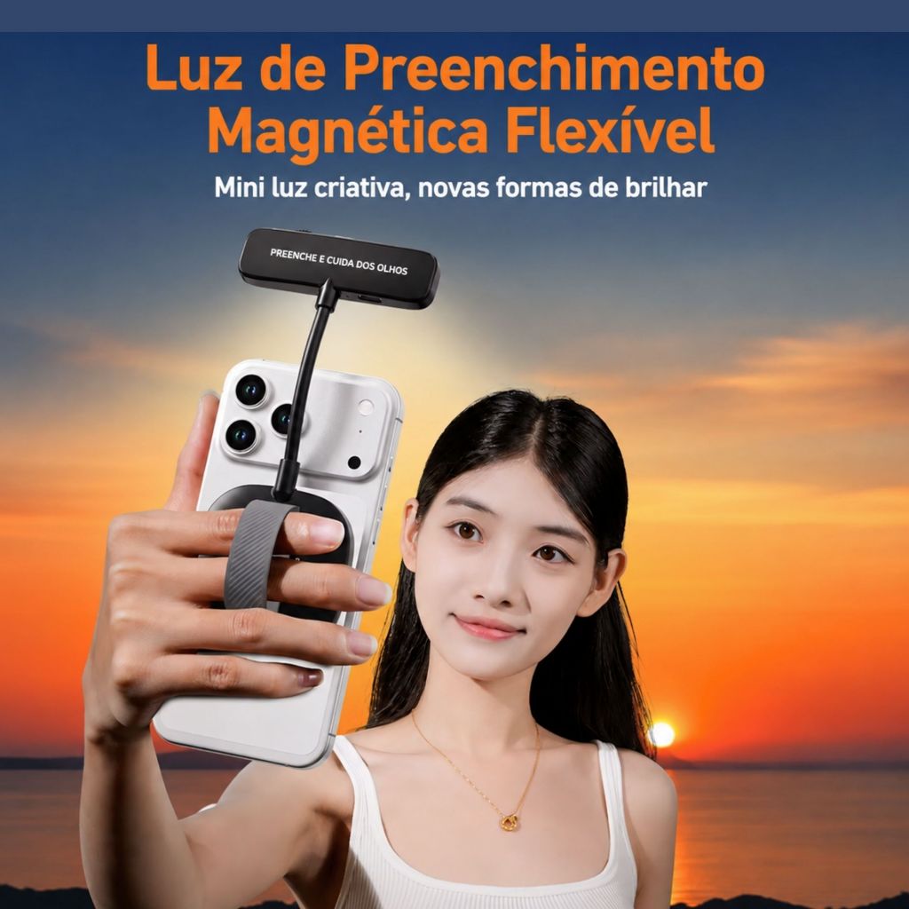 Mini Luz Led MagSafe Regulável 3 Cores Flash para Selfie Celular Recarregável Portatil USB Tipo-C
