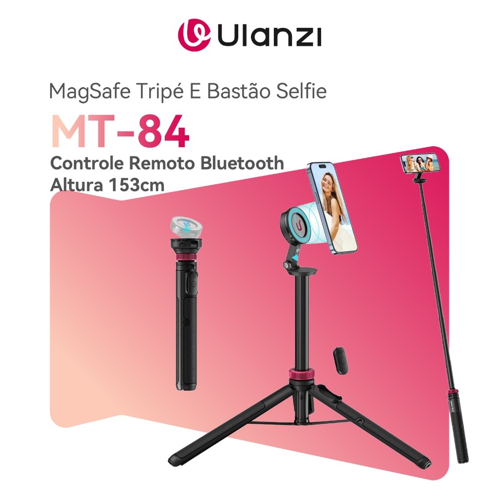 ULANZI MT-84 MagSafe Tripé E Bastão Selfie 1.53m 360° Dobrável Portátil Bluetooth Magnético