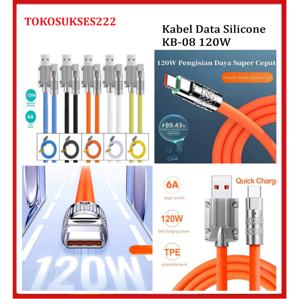 KB-08 120W Cabo De Dados De Silicone Não PACK Super Cable 6A Forte E Durável De Carregamento Rápido